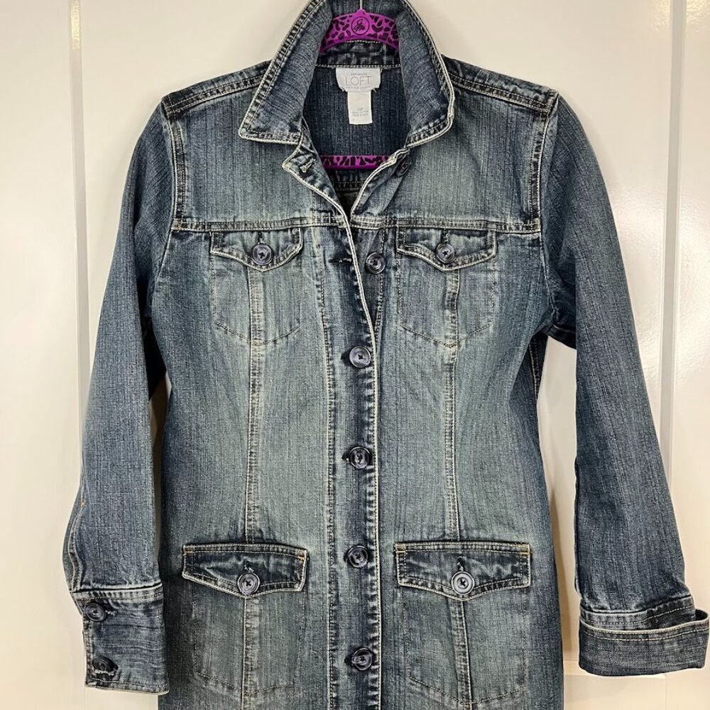 Denim Jean Dress Ann Taylor Loft Front Buttons Pockets SZ10P
